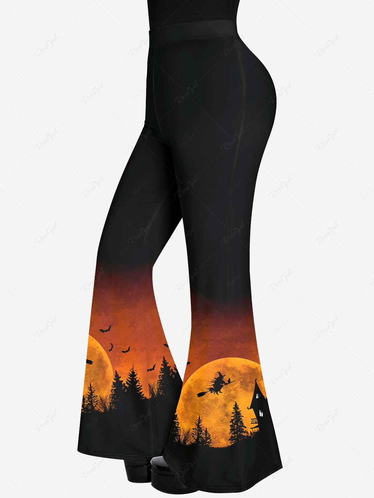 Pantalon D'Halloween Evasé Lune Arbre et Maison Imprimés Noir XS