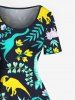 Dinosaur Flower Leaf Branch Print Plus Size Matching Hawaii Beach Outfit For Couples -  