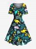 Dinosaur Flower Leaf Branch Print Plus Size Matching Hawaii Beach Outfit For Couples -  