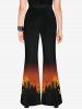 Pantalon D'Halloween Evasé Lune Arbre et Maison Imprimés - Noir XS
