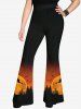 Pantalon D'Halloween Evasé Lune Arbre et Maison Imprimés - Noir XS