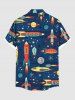 Plus Size Colorful Rocket Moon Star Planet Galaxy Print Hawaii Button Pocket Shirt For Men -  