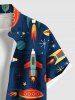 Plus Size Colorful Rocket Moon Star Planet Galaxy Print Hawaii Button Pocket Shirt For Men -  