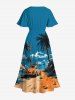 Robe Hawaïen Mi-longue de Plage Ciel Nuage et Arbre de Noix de Coco Imprimés de Grande Taille avec Poche - Bleu 6X