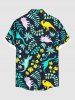 Plus Size Dinosaur Flower Leaf Branch Print Hawaii Button Pocket Shirt For Men -  