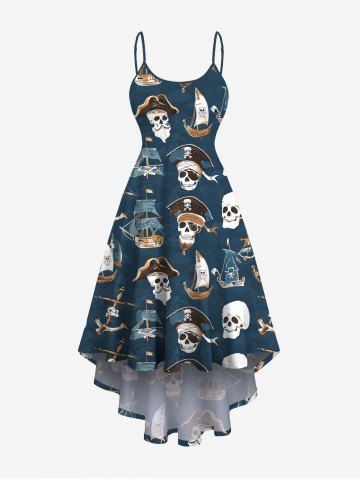 Plus Size Cruise Pirate Skulls Sailboat Print High Low Hawaii Cami Dress - MIDNIGHT BLUE - 3X