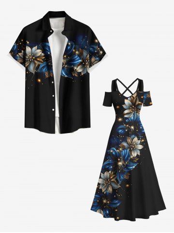 Tenue de Plage pour Couples en Mousseline de Soie et Brillante à Imprimé Etoiles Brillantes Grande-Taille
