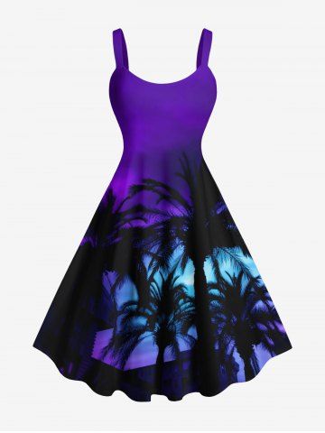 Plus Size Coconut Tree Ombre Print Hawaii A Line Tank Dress - PURPLE - 2X