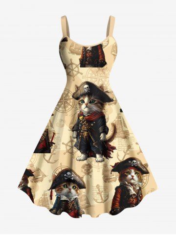 Plus Size Cat Pirates Rudder Anchor Print Hawaii Cruise A Line Tank Dress - LIGHT COFFEE - 6X