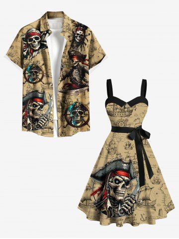 Plus Size Skull Pirate Distressed Sailboat Print Hawaii Cruise Button A Line Dress with Removable Belt
