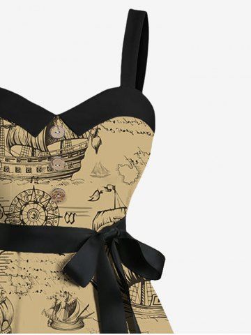 Plus Size Skull Pirate Distressed Sailboat Print Hawaii Cruise Button A Line Dress with Removable Belt