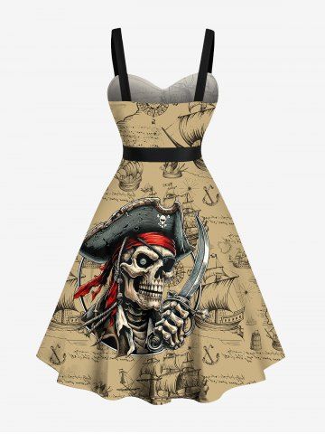 Plus Size Skull Pirate Distressed Sailboat Print Hawaii Cruise Button A Line Dress with Removable Belt