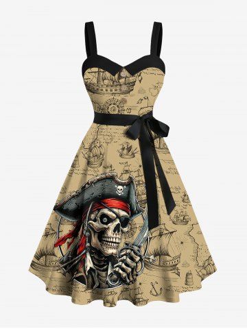 Plus Size Skull Pirate Distressed Sailboat Print Hawaii Cruise Button A Line Dress with Removable Belt - COFFEE - 2X