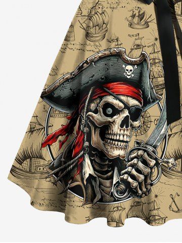 Plus Size Skull Pirate Distressed Sailboat Print Hawaii Cruise Button A Line Dress with Removable Belt