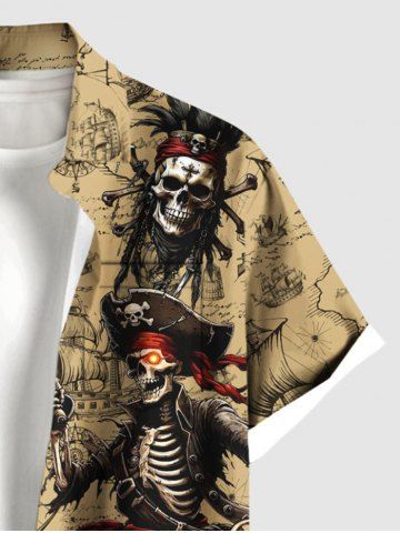 Plus Size Skull Pirate Distressed Sailboat Print Hawaii Cruise Button Pocket Shirt For Men