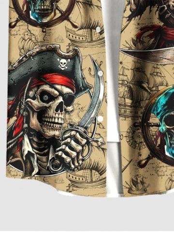 Plus Size Skull Pirate Distressed Sailboat Print Hawaii Cruise Button Pocket Shirt For Men