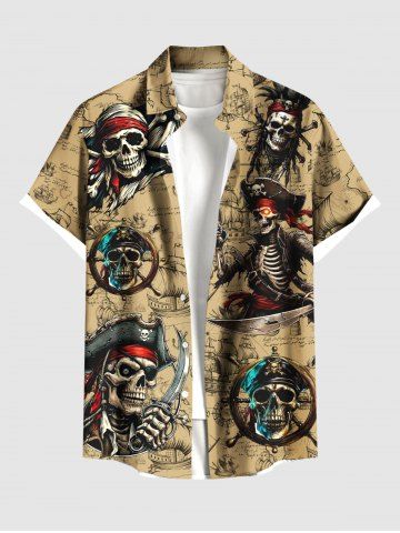 Plus Size Skull Pirate Distressed Sailboat Print Hawaii Cruise Button Pocket Shirt For Men - COFFEE - 5XL