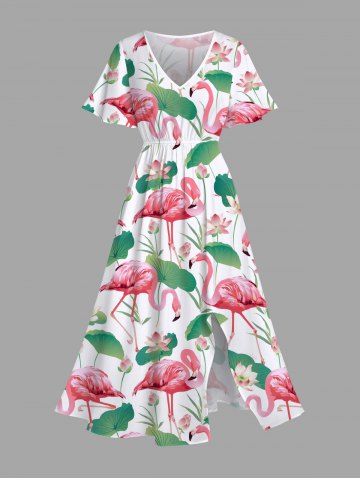 Plus Size Flamingo Lotus Flower Leaves Print Hawaii Split Pocket A Line Midi Dress - WHITE - 4X
