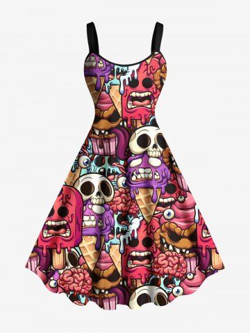 Plus Size Skulls Brain Ice Cream Print Hawaii Tank Dress - RED - 2X
