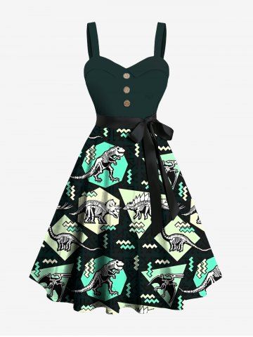 Plus Size Dinosaur Geometric Graphic Zig Zag Print Hawaii A Line Dress with Removable Belt - BLACK - 5X