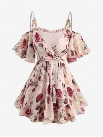 Plus Size Rose Flower Print Ruffles Surplice Chains Cold Shoulder Blouse - LIGHT COFFEE - 1X | US 14-16