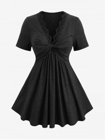 Plus Size Twist Glitter Ribbed Geometric Floral Trim Neck Top - BLACK - 3X | US 22-24