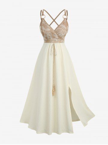 Plus Size Floral Leaves Embroidered O-Ring Crisscross Strappy Surplice Tassel Textured Split A Line Cami Dress - LIGHT COFFEE - 1X | US 14-16