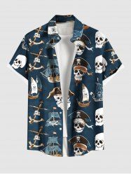 Plus Size Cruise Pirate Skulls Sailboat Print Buttons Pocket Hawaii Shirt For Men -  