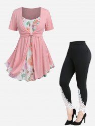 Costume Haut Fleur Imprimée Tordu à Ourlet en Dentelle de Grande Taille - orange clair 