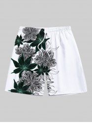 Plus Size Floral Leaves Print Hawaii Drawstring Beach Shorts For Men -  