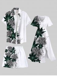Flower Leaf Print Plus Size Matching Hawaii Beach Outfit For Couples -  