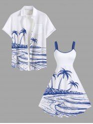 Coconut Tree Sea Hand-painted Print Plus Size Matching Hawaii Beach Outfit For Couples -  