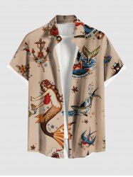 Plus Size Shark Anchor Mermaid Stars Print Hawaii Cruise Button Pocket Shirt For Men -  