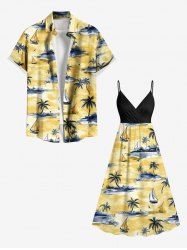 Coconut Tree Sea Sailboat Print Plus Size Matching Hawaii Cruise Beach Outfit For Couples -  