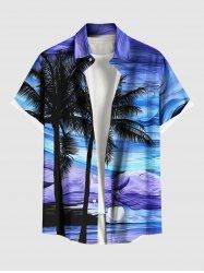 Plus Size Coconut Tree Sun Abstract Painting Print Hawaii Button Pocket Shirt For Men -  