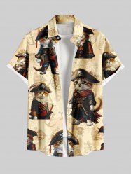 Plus Size Cat Pirates Rudder Anchor Print Hawaii Cruise Button Pocket Shirt For Men -  