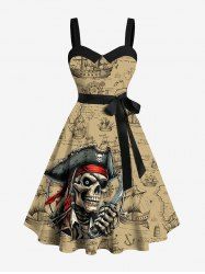 Plus Size Skull Pirate Distressed Sailboat Print Hawaii Cruise Button A Line Dress with Removable Belt -  