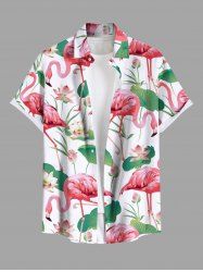 Plus Size Flamingo Lotus Flower Leaf Print Hawaii Button Pocket Shirt For Men -  