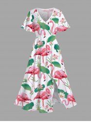 Plus Size Flamingo Lotus Flower Leaf Print Hawaii Split Pocket A Line Midi Dress -  