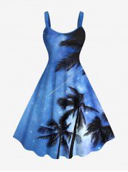 Robe Débardeur Hawaïen Ligne A Arbre Noix de Coco et Galaxie Imprimés de Grande Taille - Bleu Ciel XXS