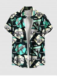 Plus Size Dinosaur Geometric Graphic Zig Zag Print Hawaii Button Pocket Shirt For Men -  