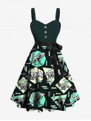 Plus Size Dinosaur Geometric Graphic Zig Zag Print Hawaii A Line Dress with Removable Belt -  