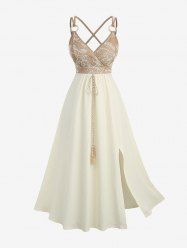 Plus Size Floral Leaves Embroidered O-Ring Crisscross Strappy Surplice Tassel Textured Split A Line Cami Dress -  