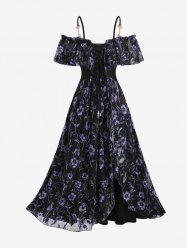 Plus Size Flowers Print Ruched Ruffles Grommets Lace Up Tulip Hem Cold Shoulder Maxi Dress - Noir 4X | US 26-28