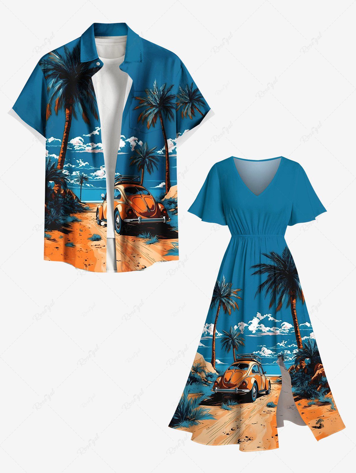 Unique Coconut Tree Cloud Sky Beach Car Print Plus Size Matching Hawaii Beach Outfit For Couples  