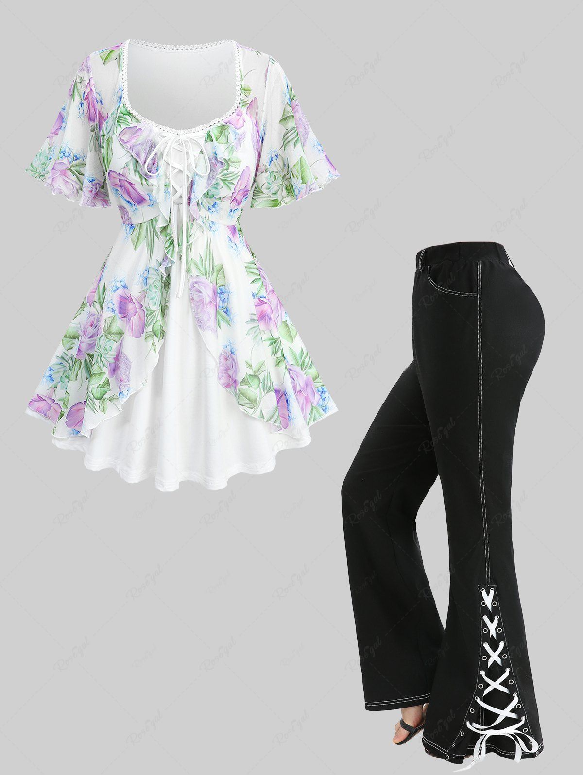 Shop Flower Leaf Printed Mesh Ruffles Top and Split Lace Up Grommet Topstitching Pocket Flare Pants Plus Size Outfit  