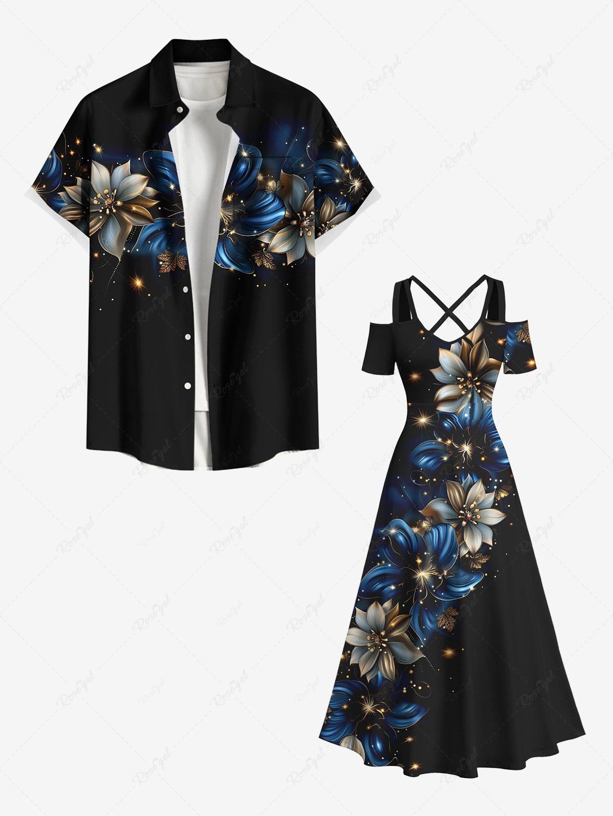Tenue de Plage pour Couples en Mousseline de Soie et Brillante à Imprimé Etoiles Brillantes Grande-Taille Noir 
