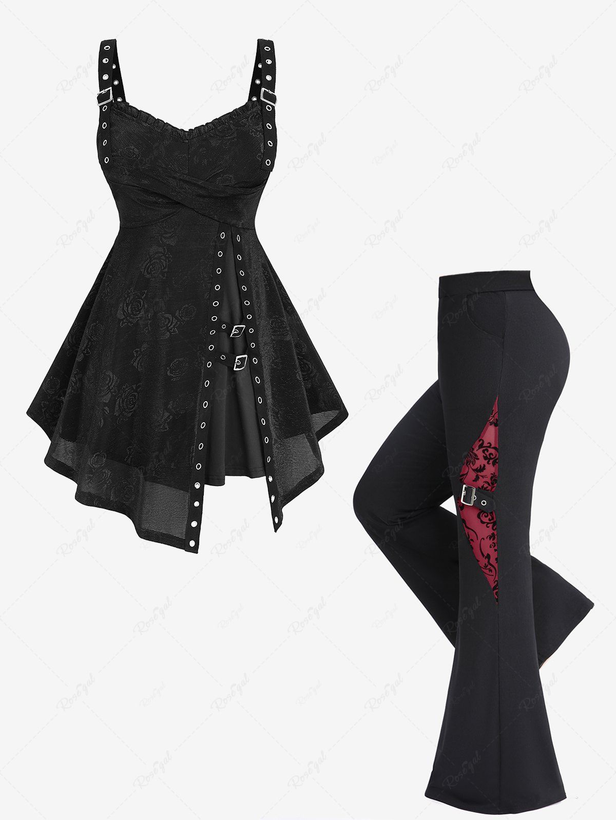 Hot Rose Flower Printed Crossover Bust Split Top and Mesh Flockinig Ribbed Pockets Flare Pants Plus Size Outfit  