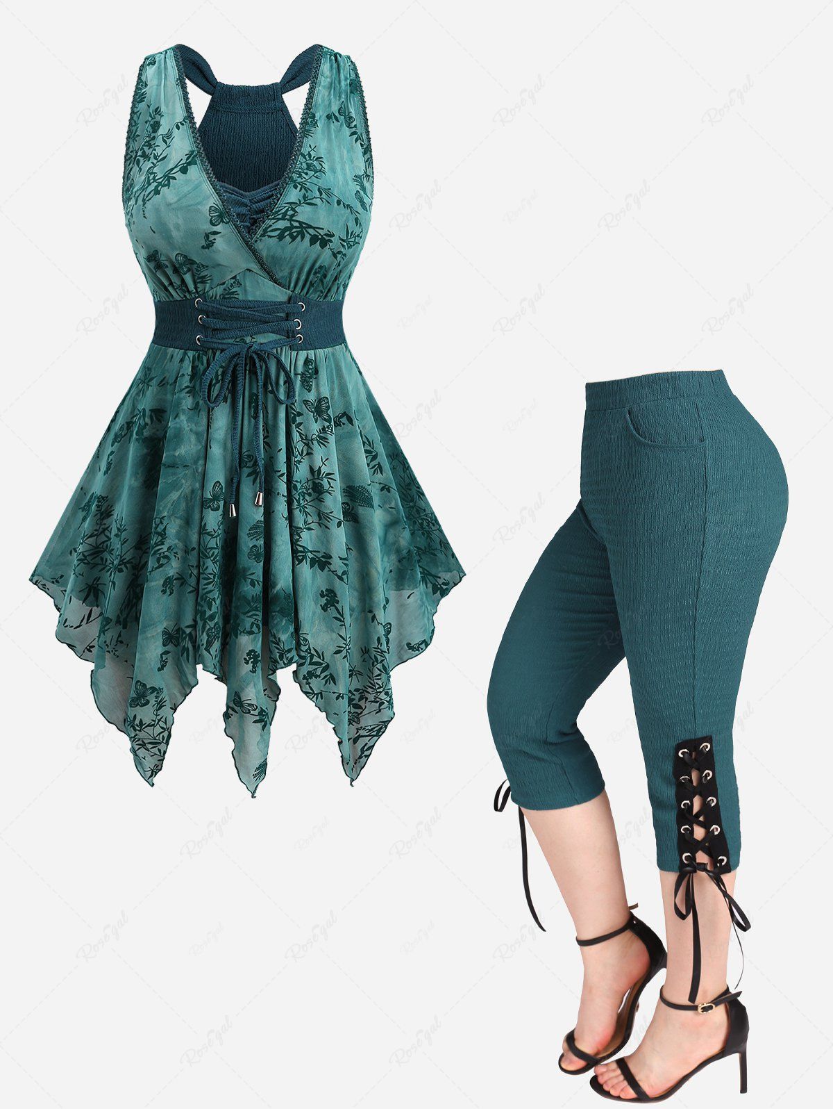 Flowers Butterfly Flocking Surplice Lace Up Tank Top and Textured Capri Pants Plus Size Outfit