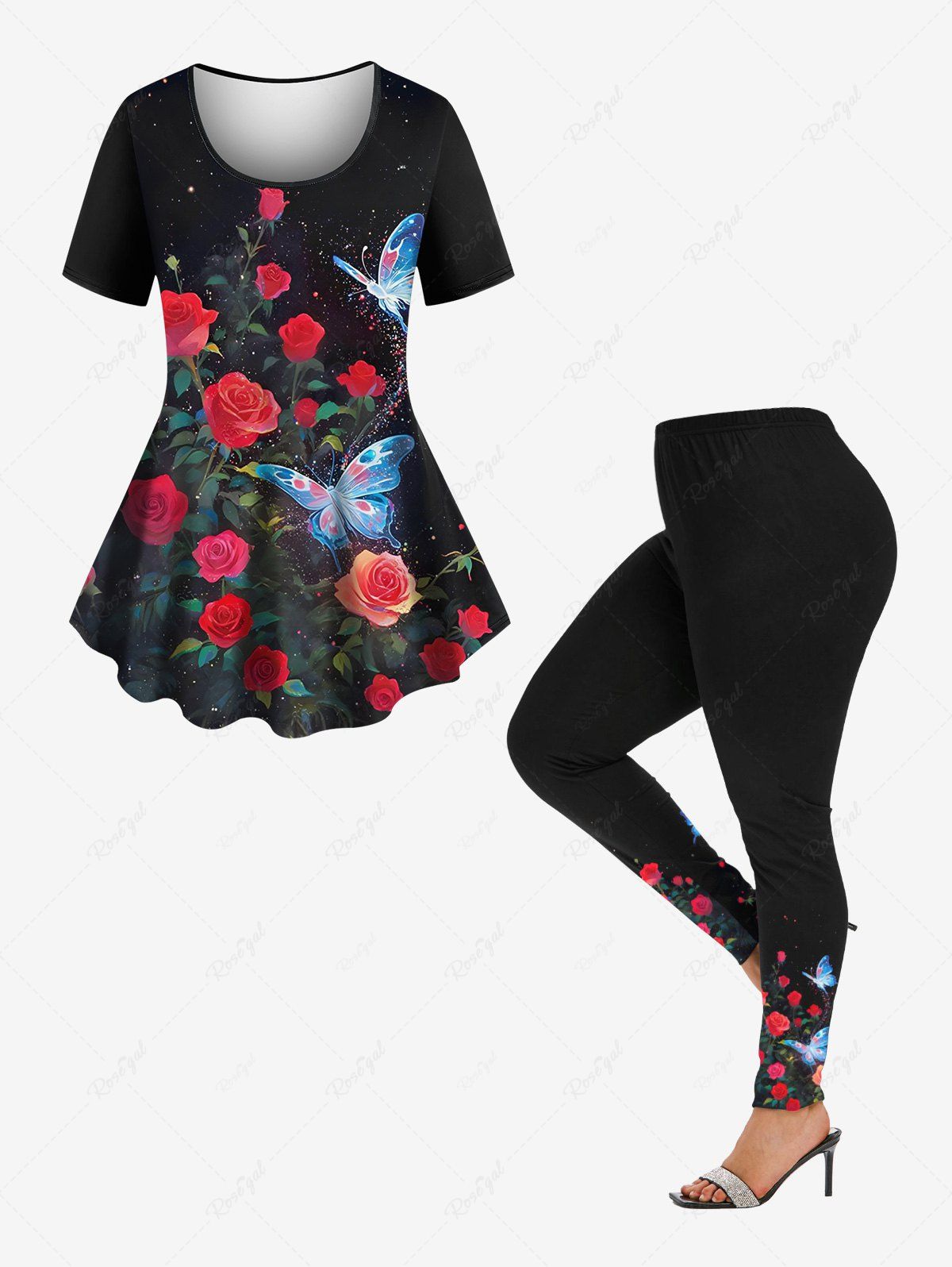Fashion Rose Flower Glitter Butterfly Print Women T-shirt and Leggings Plus Size Matching Set  